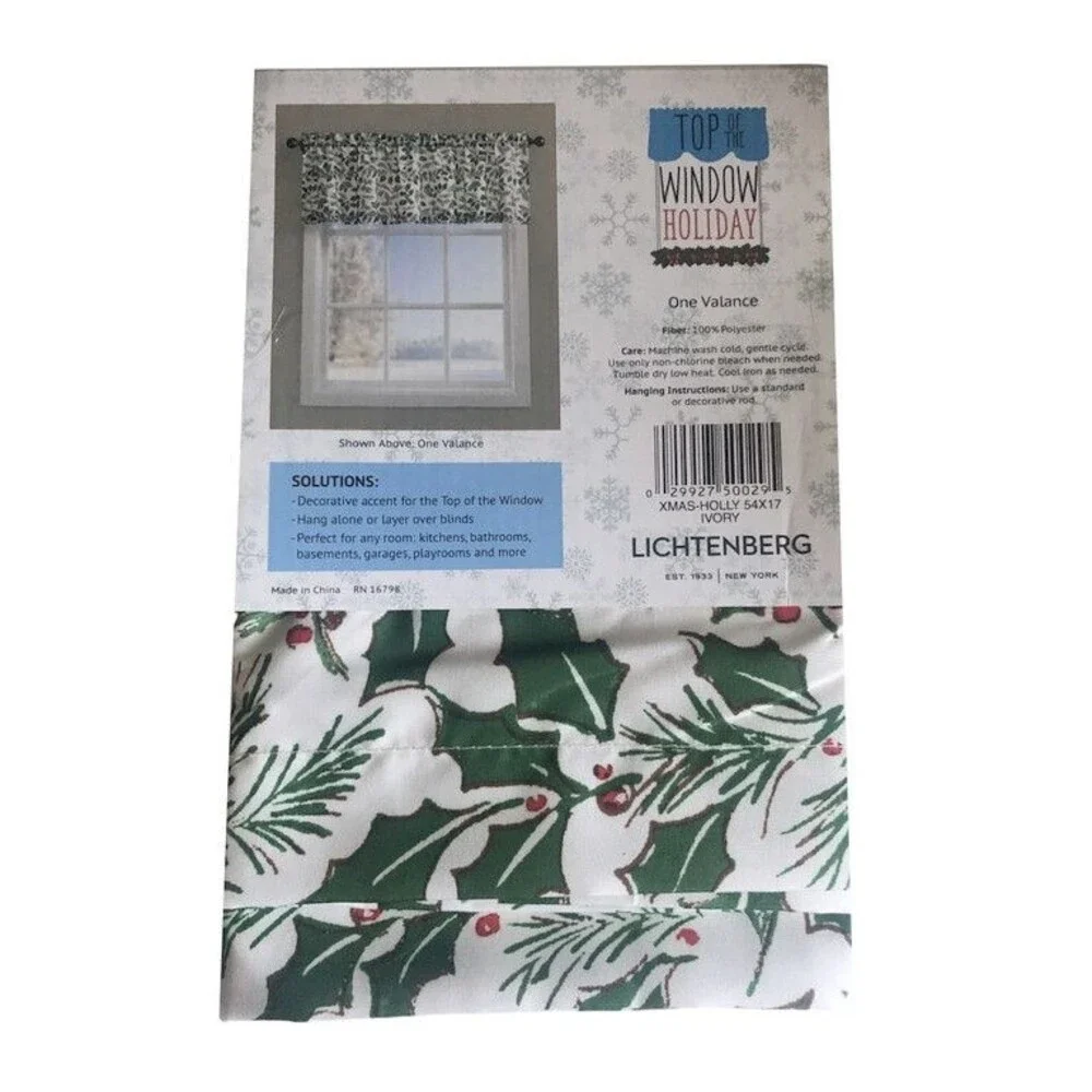 Christmas Holly Winter Valance Curtain Green White Holly Berries Holiday 54x17